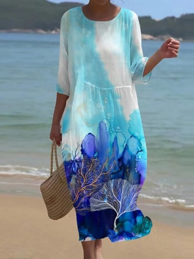 Women's Midi Dress Casual Dress Print Dress Fashion Modern Daily Beach Weekend Regular Fit Ombre Floral 3/4 Length Sleeve Crew Neck Royal Blue Blue Green Spring Fall Autumn4
