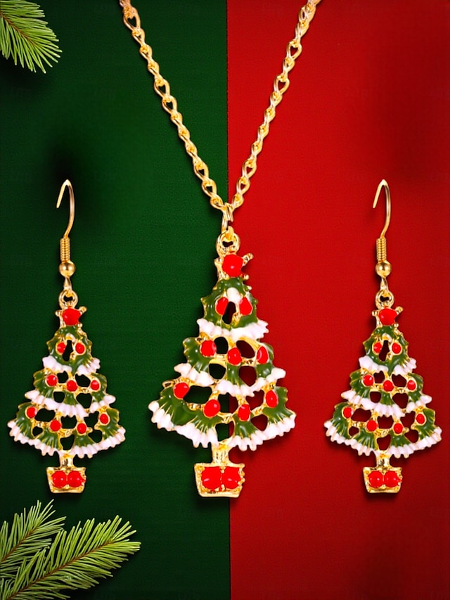  Ensemble de bijoux pour femme en forme de sapin de Noël avec collier pendentif en émail festif et boucles d'oreilles pendantes - accessoires de fête pour les fêtes de Noël et les cadeaux