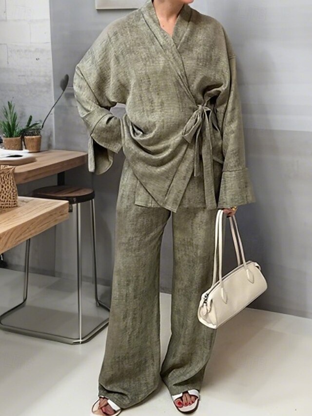 Women's Active Streetwear Blouse Pants Sets Long Sleeve V Neck Solid Color Lace up Daily Casual Daily Green Beige Fall Regular Fit4