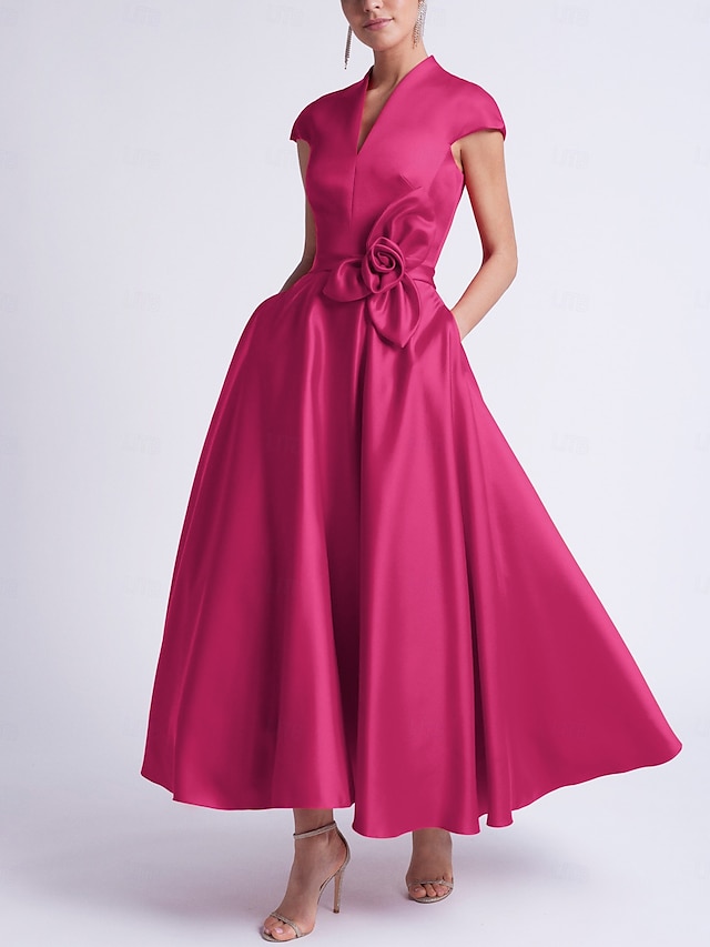  Strandhochzeit A-Linien Cocktailkleider Elegantes Kleid Party Tee-Länge Ärmellos V-Ausschnitt Tasche Satin mit Schleife(n) Kleidern