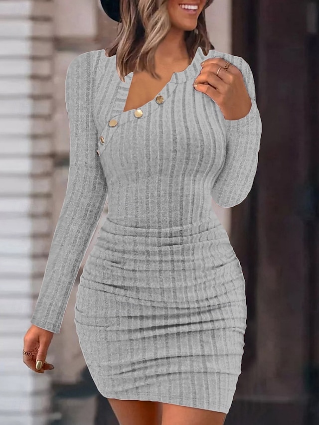  Women's Mini Dress Sheath Dress Casual Daily Regular Fit Plain Long Sleeve Notched Neck Black White Pink Wine Spring Fall Winter