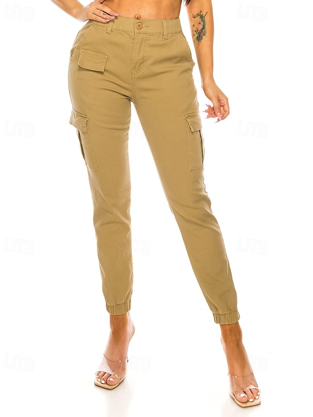  Women's Cargo Pants Slacks Streetwear Casual Full Length Natural Plain Pocket Soft Holiday Weekend Dark Yellow claret Forest Green Camel Fall Regular Fit