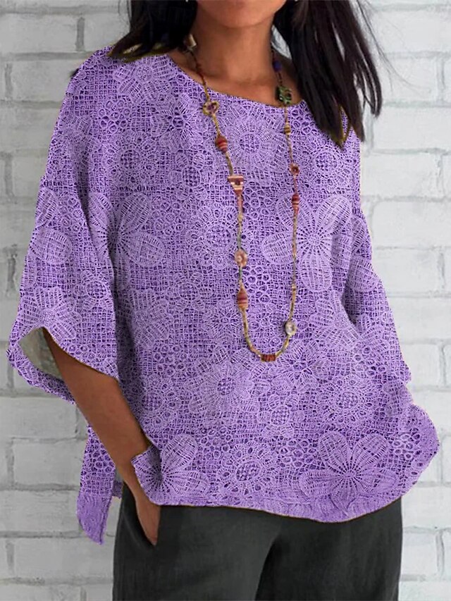 Women's T Shirt Floral Graphic Vintage Classic Casual 3/4 Length Sleeve Crew Neck Round Neck Regular Tops Daily Weekend Beach Wear Print Purple Summer Spring Fall4