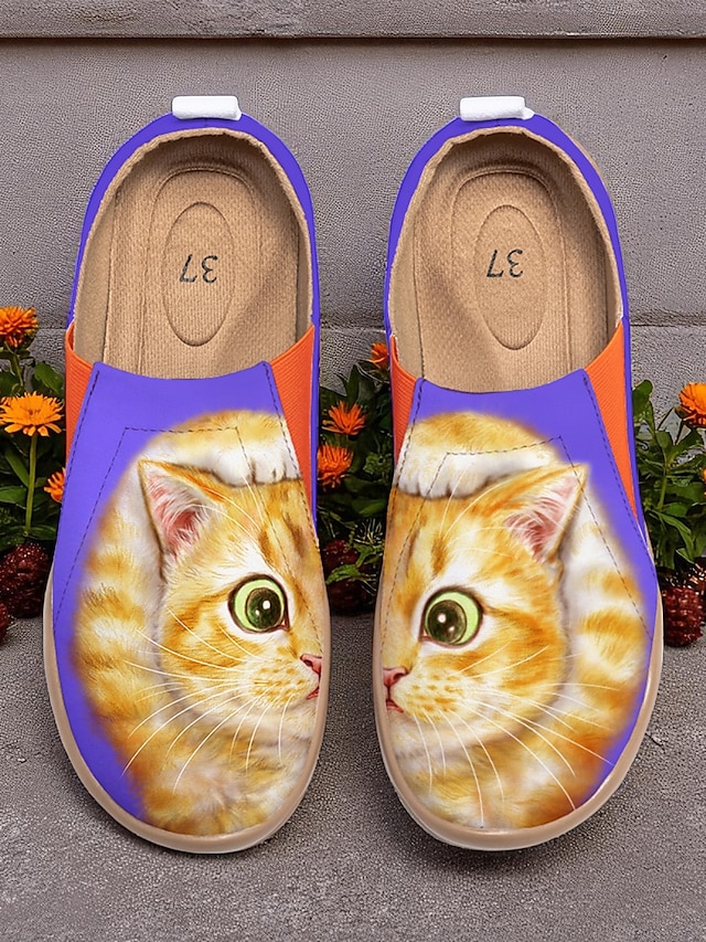  Kolorowe, wsuwane buty damskie Cat by Kayomi Harai z nadrukiem kota – urocze, codzienne mokasyny dla miłośniczek kotów, idealne na co dzień, w podróż i na weekendowe wyjścia