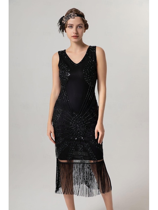  Rétro Vintage Années Folles Années 1920 Midi Robe Charleston Robe de cocktail Gatsby le Magnifique Fille Flapper Paillettes Frange Col en V Femmes Noël Halloween Carnaval Mariage Soirée Mascarade