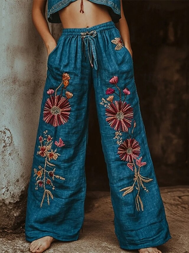 Women's Wide Leg Pants Trousers Palazzo Pants Casual Boho Full Length High Waist Flower Elastic Waist Drawstring Print Breathability Comfortable Street Daily Wear Going out Blue Spring Fall Regular4