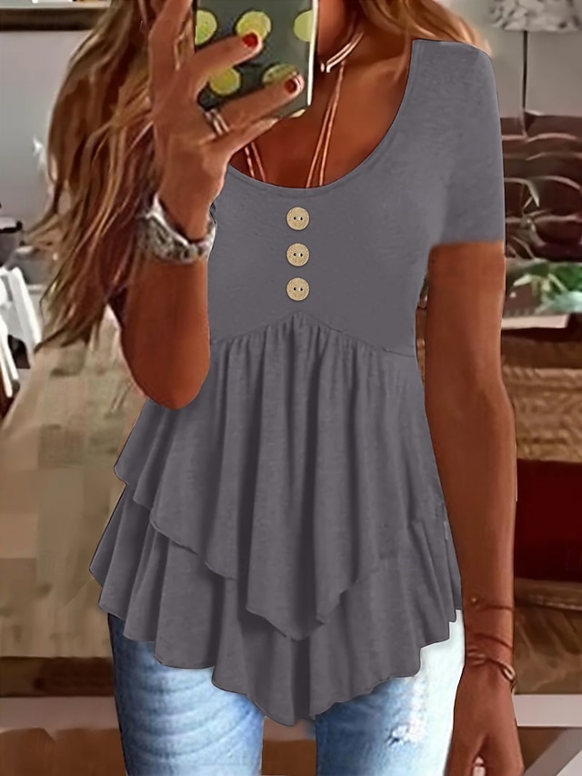  Kvinnekjole Peplum Enfarget Stilig Fritid Kort erm Rund hals Vanlige topper Daglig Volang Knapper Svart Hvit Blå Oransje Grønn Sommer Vår