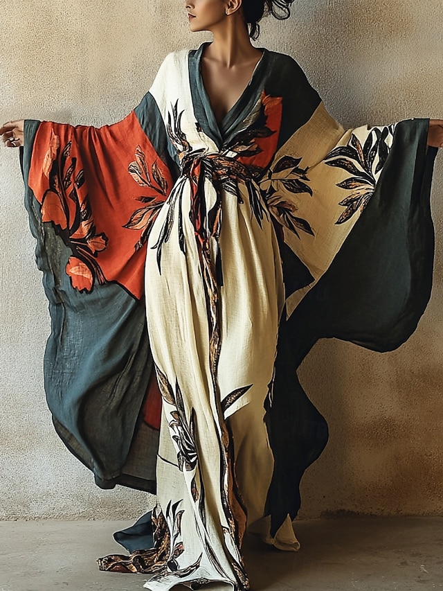  robe longue femme robe maxi robe bohème robe décontractée robe trapèze robe d'été vintage vacances quotidien plage coupe classique floral manches longues col en V abricot été printemps automne