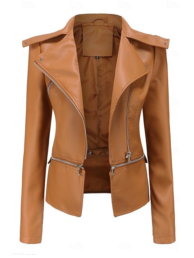  Femmes Veste en Similicuir Confortable Fermeture intégrale Mode street style Uni Extérieur Décontracté Quotidien Régulier Col Rabattu Coupe régulière manche longue Vêtements d'extérieur Noir Rouge