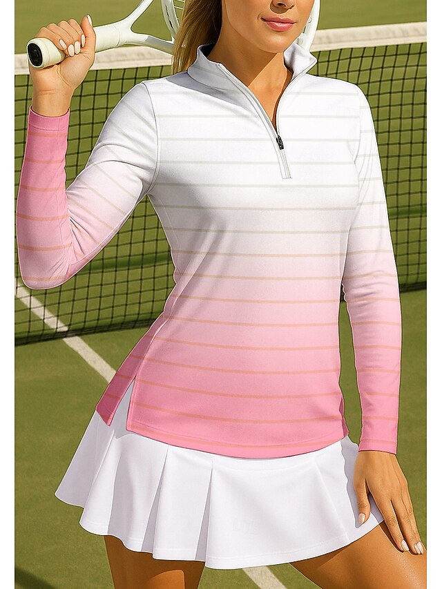 Women's Gradient Stripes Sport Shirt Golf Polo Shirt Tennis Shirt Tennis Top Long Sleeve Zipper Floral UPF50+ UV Resistant High Elasticity Moisture Wicking Breathable Tennis Golf Pickleball Stand4