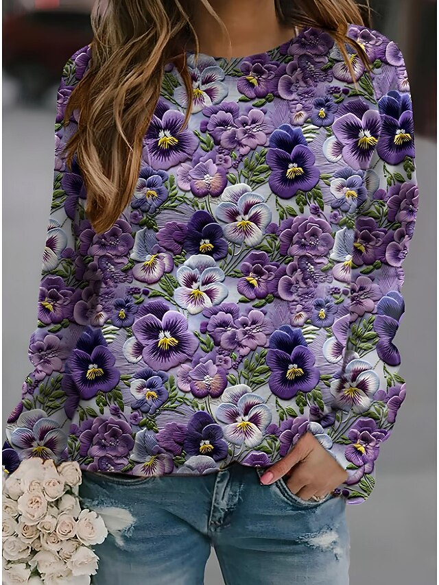 Women's Pullover Sweatshirt Floral Fashion Casual Long Sleeve Crew Neck Regular Tops Home Street Dailywear Print Purple Fuchsia Violet Spring Fall4
