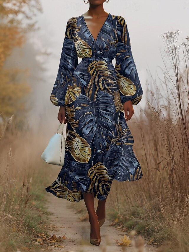  Damen Midikleid Freizeitkleid Chiffon Schwingkleid Modern Urlaub Täglich Wochenende Normale Passform Blatt Tropisch Langarm V Ausschnitt Marineblau Blau Dunkelblau Blau Schwarz Sommer Frühling Herbst