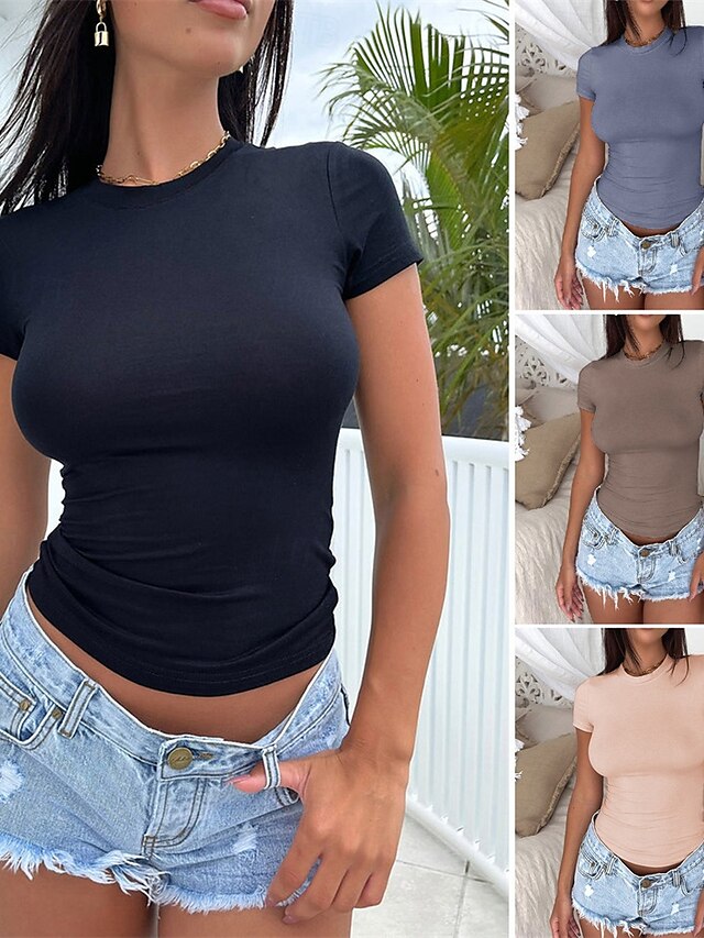  Damen T Shirt Einfach Mode Modern Kurzarm Rundhalsausschnitt Normale Oberteile Täglich Schwarz Leicht Braun Grau Sommer