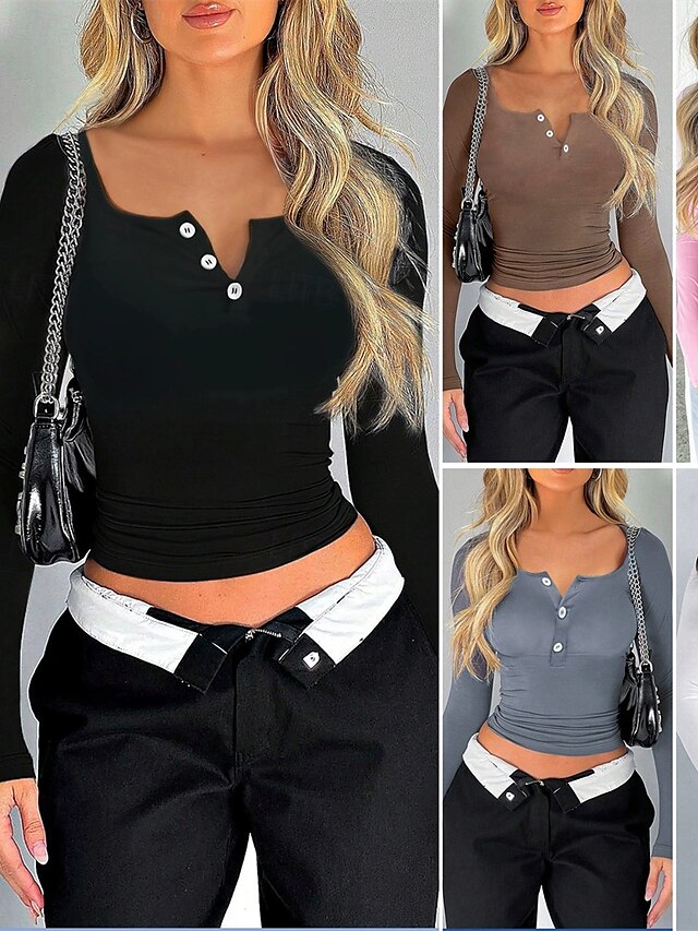  Damen T Shirt Einfach Mode Modern Langarm Quadrathals Crop Tops Täglich Tunika Knöpfe Schwarz Weiß Rosa Sommer