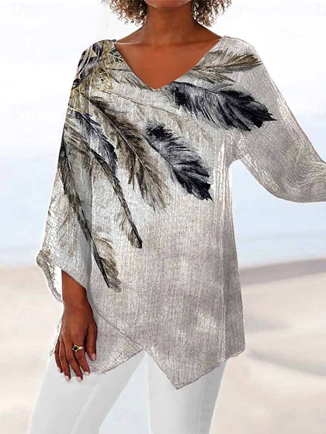 Women's Blouse Graphic Abstract Feather Vintage Tropical Stylish 3/4 Length Sleeve Crew Neck V Neck Regular Tops Daily Holiday Beach Wear Print Black Sky Blue Gray Summer Spring Fall4