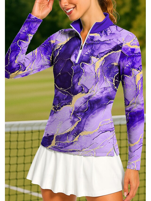 Women's Marble Golf Polo Shirt Tennis Shirt Tennis Tee Long Sleeve Print Quarter Zip Pullover UV Protection Elastic Breathable Volleyball Tennis Golf Stand Collar Zip Collar Shirt Polo Violet Tennis4