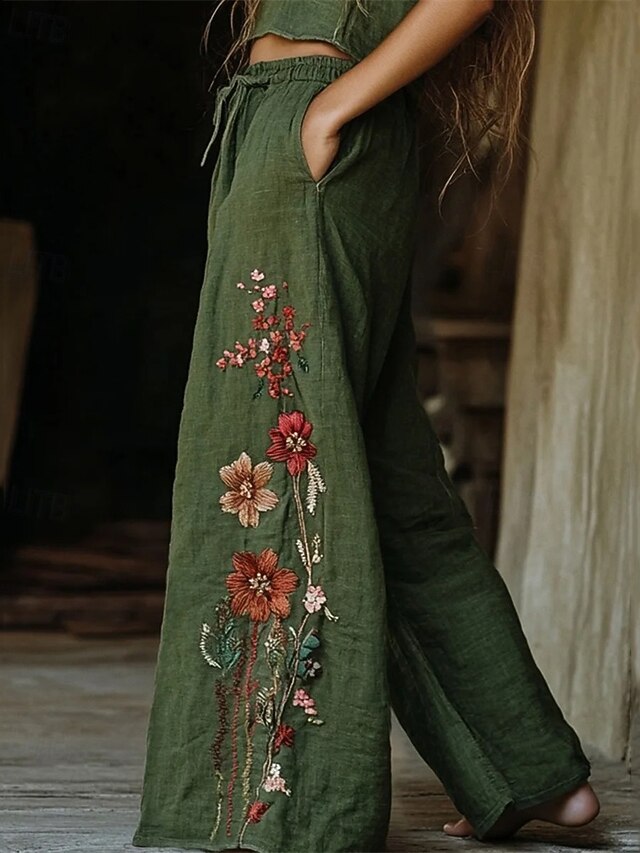Women's Wide Leg Pants Trousers Palazzo Pants Fashion Streetwear Full Length High Waist Flower Elastic Waist Drawstring Print Breathability Comfortable Street Daily Wear Going out Green Spring Fall4