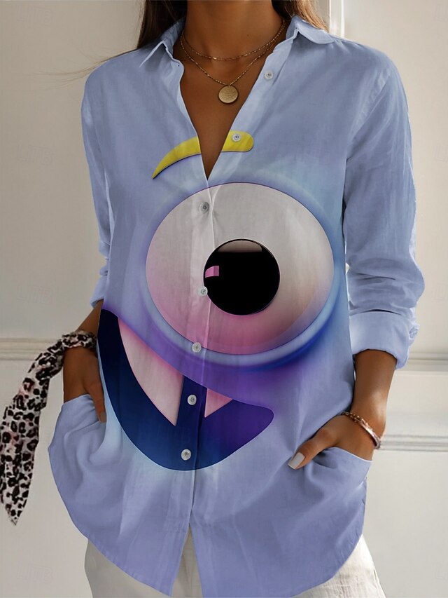 Women's Cartoon Funny Smile Face Shirt  Graphic Active Daily Stylish Long Sleeve Shirt Collar Regular Tops Daily Holiday Buttons Print Blue Spring Fall4