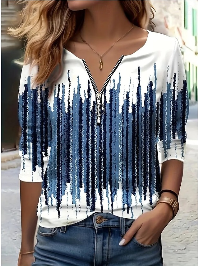  Femmes T-shirt Graphique Géométrique Abstrait ancien Mode Moderne manche longue Col en V Hauts Réguliers Quotidien Week-end Fermeture éclair Imprimé Bleu Violet Vert Printemps Automne