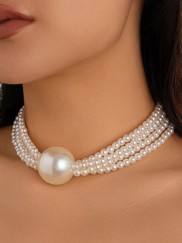  Gargantilla de perlas con declaración para mujer: collar de perlas sintéticas de varias hebras con cuentas de gran tamaño, joyería de inspiración vintage para damas, ideal para cócteles y ocasiones