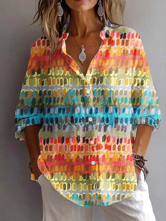 Women's Shirt Button Down Tunic Shirt Collar Long Sleeve Graphic Geometric Polka Dot Vintage Daily Stylish V Neck Regular Tops Work Daily Holiday s Print Pink Blue Orange Spring Fall4