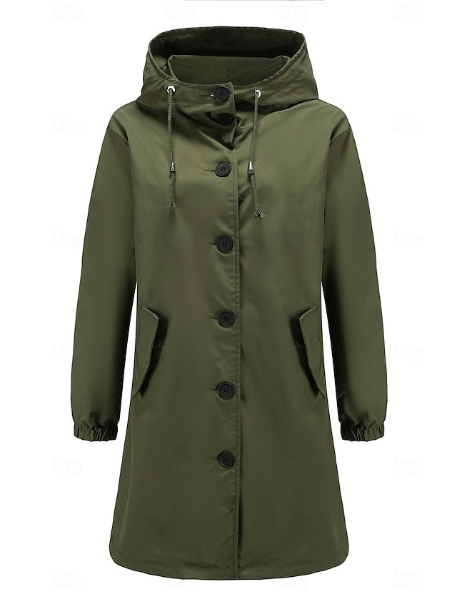  Mujer Abrigo Impermeable Cómodo Bolsillo Botones Moda Estilo callejero Plano Exterior Casual Diario Largo Con Capucha Ajuste regular Manga Larga Ropa de calle Negro Rojo Caqui Otoño Invierno