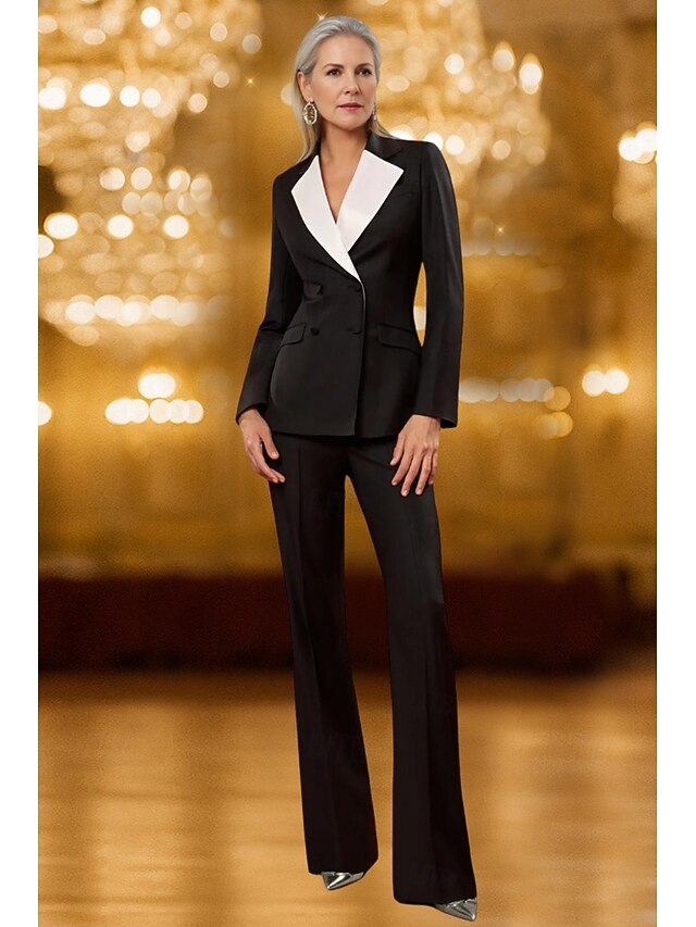 Women's 2 Pieces Suits Formal Wedding Guest Satin Elegant Luxurious Minimalist Long Sleeve Floor Length Notched Lapels Double Breasted4