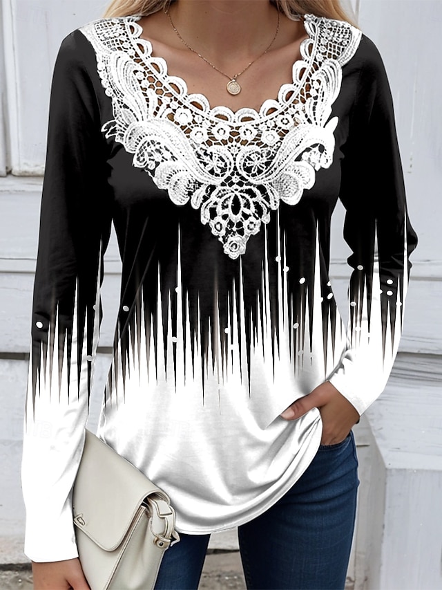  Dámská blůza tunika krajková šití V výstřih dlouhý rukáv T ombre grafický geometrický elegantní crew neck běžné topy denní krajkový očko černá modrá jaro podzim