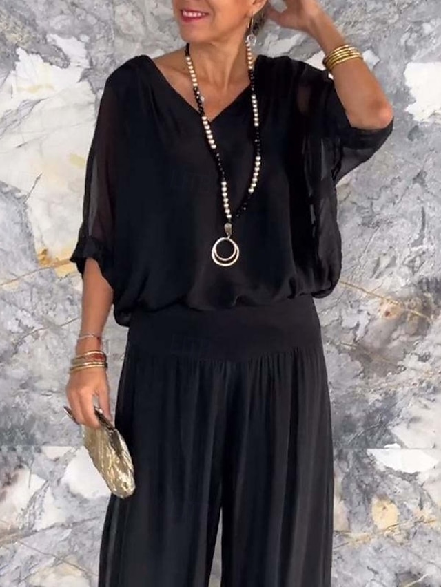  Mujer Activo Moda Blusa Conjuntos de pantalones Media Manga Escote en Pico Color sólido muslo partido Espalda al Aire Festivos Noche Negro Blanco Verde Claro Otoño Ajuste regular