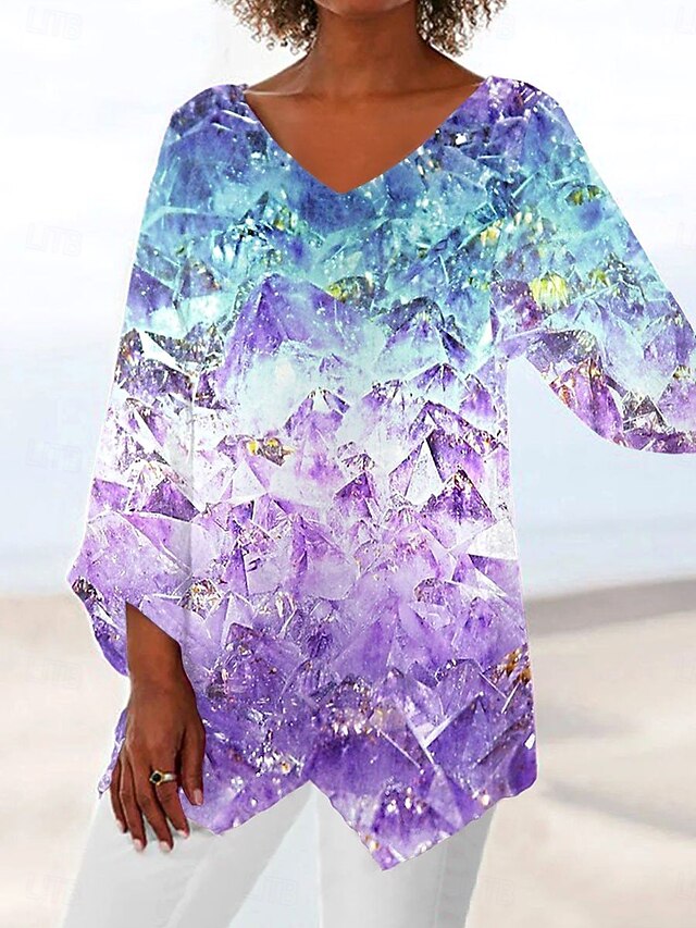 Women's Blouse Ombre Graphic Abstract Vintage Tropical Stylish 3/4 Length Sleeve V Neck Regular Tops Daily Holiday Print Sky Blue Dusty Blue Light Purple Summer Spring Fall4