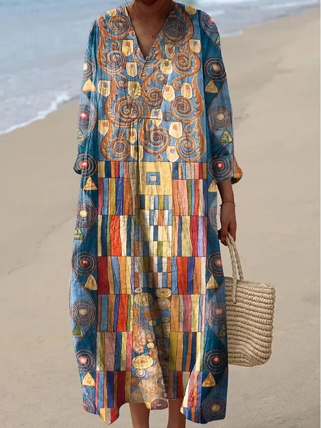 Women's Midi Dress V Neck Long Sleeve Kaftan Lightweight Loose Fit A Line Dress Casual Boho Going out Graphic Geometric Abstract Long Sleeve V Neck Red Blue Green Fall4