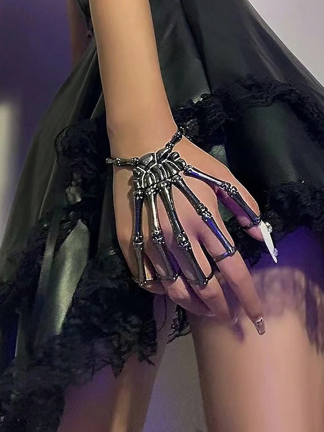  Bracciale da donna in lega di Halloween con scheletro a forma di mano – anelli regolabili in stile punk gotico per feste e cosplay