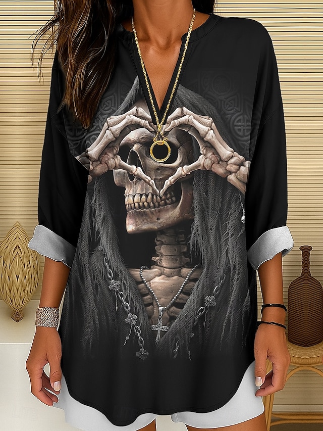  Halloween Dame Bluse Hjerte Kjærlighed Grafisk Årgang Stilfull Fritid Langermet V-hals Vanlige topper Daglig Ferie Trykt mønster Svart Hvit Oransje Sommer Vår Høst