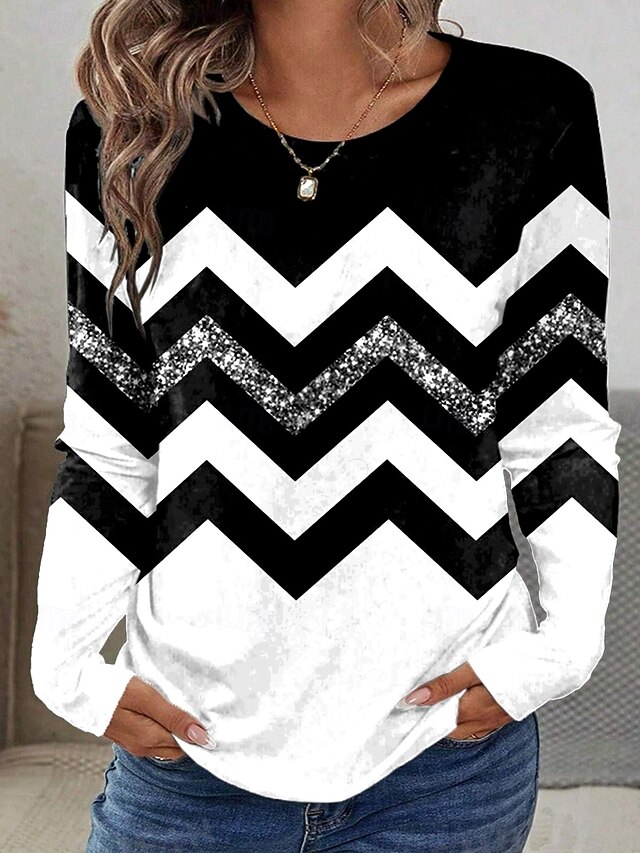 Women's T shirt Crew Neck Long Sleeve Tunic Graphic Geometric Striped Vintage Stylish  Round Neck Regular Tops Daily Print Black and White Fall4