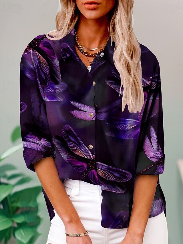 Women's Shirt Dragonfly Active Daily Stylish Long Sleeve Shirt Collar Regular Tops Daily Holiday Buttons Print Purple Summer Spring Fall4
