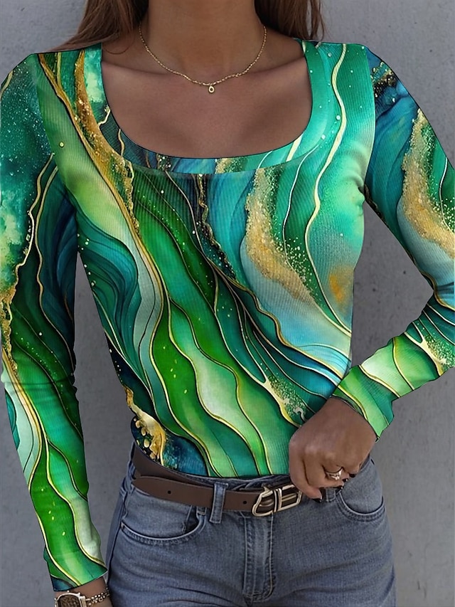  Dam T-shirt Långärmad Ribbad Grafisk Fyrkantig Hals Långärmad Avslappnad Ombre Abstrakt Regula Tops Dagstryck Röd Blå Grön Regnbåge Ljusblå Vår Höst Förvår