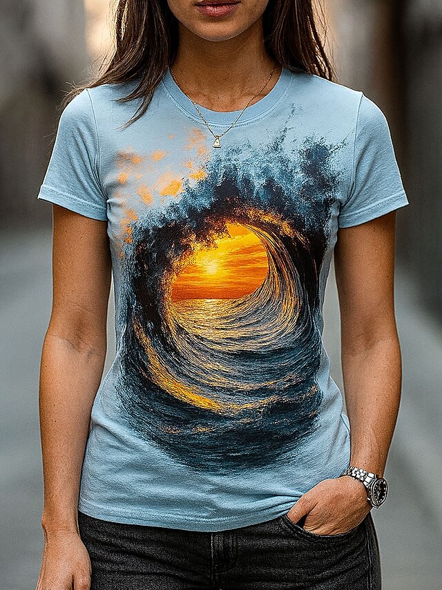 Women's T Shirt Ombre Graphic Ocean Vintage Stylish Classic Short Sleeve Crew Neck Round Neck Regular Tops Daily Weekend Print Blue Summer Spring3