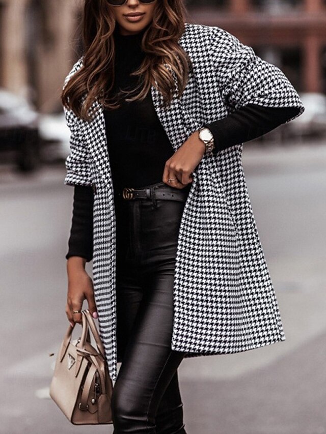 Women's Casual Jacket Trench Coat Comfortable Buttons Fashion Modern Casual Houndstooth Going out Weekend Double Breasted Long Turndown Regular Fit 3/4 Length Sleeve Outerwear Black Fall Winter4