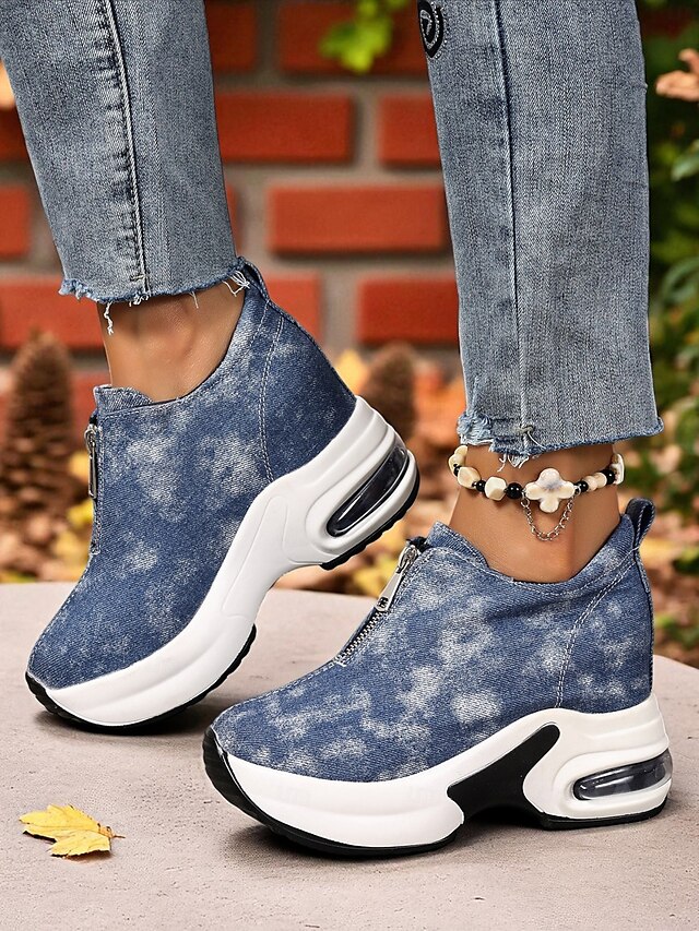  Women's Canvas Platform Sneakers with Air Cushion – Trendy Zip-Up Wedge Walking Shoes for Casual Outfits, Street Style and Travel