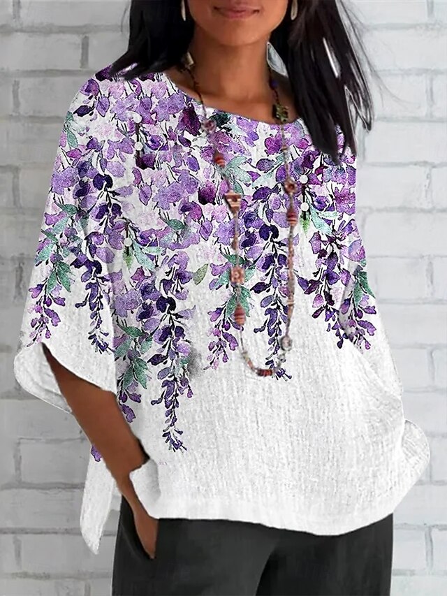  Per donna Maglietta Ombre Floreale Grafico Vintage Classico Casual Manica 3/4 Girocollo Top Regolari Quotidiano Weekend Abbigliamento mare Stampato Viola Estate Primavera Autunno