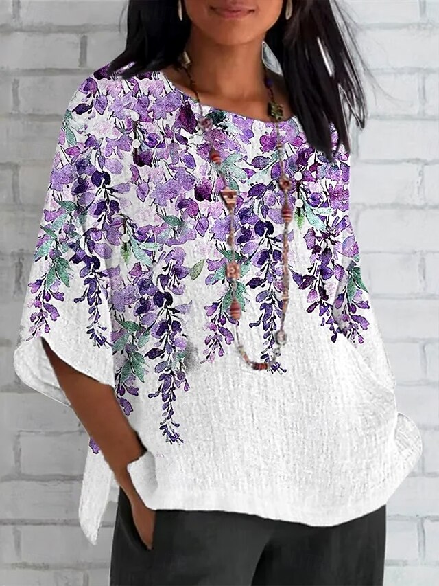 Women's T Shirt Ombre Floral Graphic Vintage Classic Casual 3/4 Length Sleeve Crew Neck Regular Tops Daily Weekend Beach Wear Print Violet Summer Spring Fall4