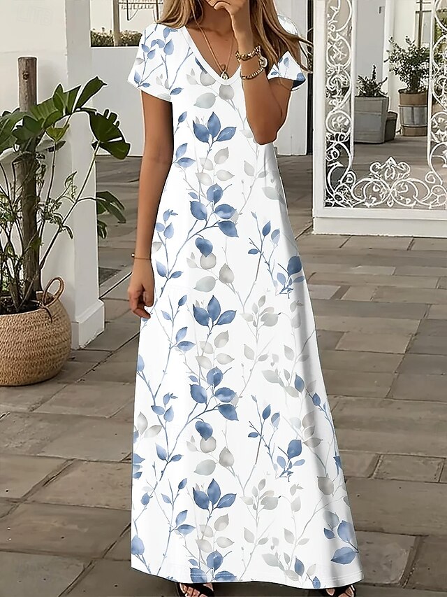 Women's Floor length Casual Dress A Line Dress Summer Dress Elegant Vacation Vintage Regular Fit Floral Graphic Bohemian Short Sleeve V Neck U Neck Light Blue Summer Spring Fall4