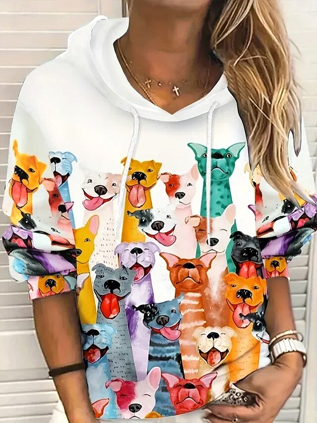 Women's Hoodies Graphic Animal Dog Casual Long Sleeve Hooded Regular Tops Home Street Dailywear Pocket Print White Fall Winter4