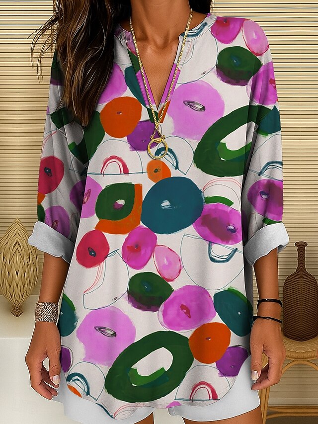  Kvinnes Bluse Tunika V-hals Lange Ermer Boho Casual Grafisk Geometrisk Prikkete Vintage Daglig Stilig Vanlige Topper Daglig Print Gul Rosa Blå Lilla Grønn Høst
