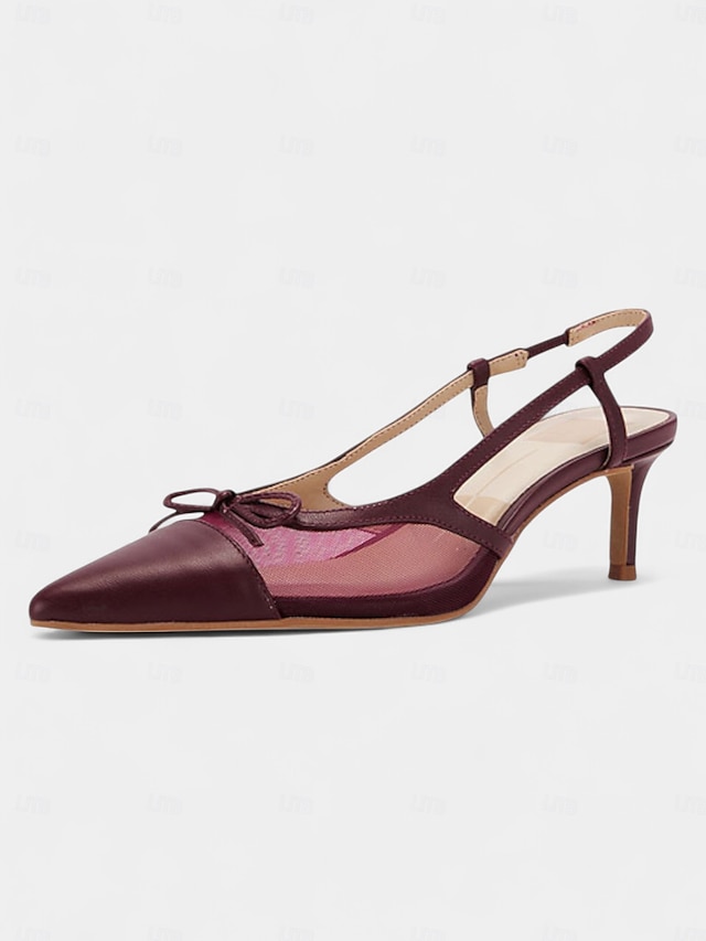  Women's Burgundy Mesh Slingback Heels - Pointed Toe Kitten Heels with Bow Detail for Formal Events and Nightlife Parties