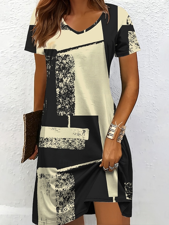  Pentru femei Rochie Mini Rochie din Tricot Rochie casual Rochii Tricou Rochie de Vară Vacanță Casual Fit regulat Grafic Geometric Abstract Manșon scurt În V Negru și Alb Șampaniu Roșu-aprins Albastru