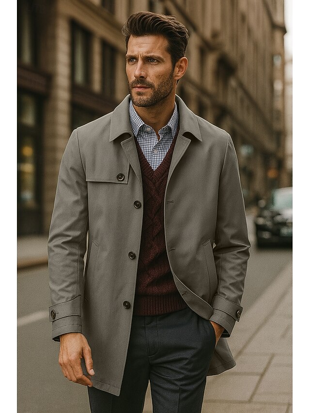  Herr Trenchcoat Formell Kontor Vår Höst Många årstider Polyester Ytterkläder Kläder Elegant Dagligen Ensfärgat Vik-över krage Enkelknäppt