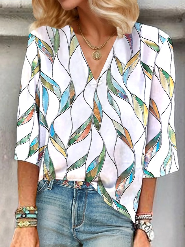  Dame Bluse Grafisk Planter Elegant Stilfull Fritid 3/4 ermer V-hals Vanlige topper Daglig Ut på byen Trykt mønster Lysegrønn Lilla Rose Rosa Sommer Vår Høst