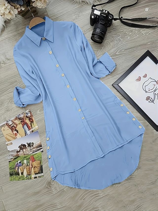  Per donna Mini Abito Abito Camicia Moda Moderno Quotidiano Ferie Uscire Vestibilità comoda Semplice Manica Lunga Colletto a Camicia Blu Verde Albicocca Estate Primavera