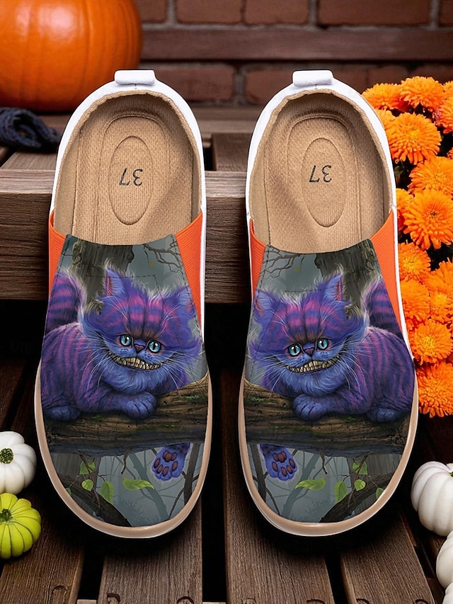  damskie buty podróżne z nadrukiem kota na Halloween – wygodne, wsuwane, codzienne, płaskie buty na spacery i wakacje, lekkie obuwie z motywem czarownic na jesienne i świąteczne stylizacje Vincent Hie
